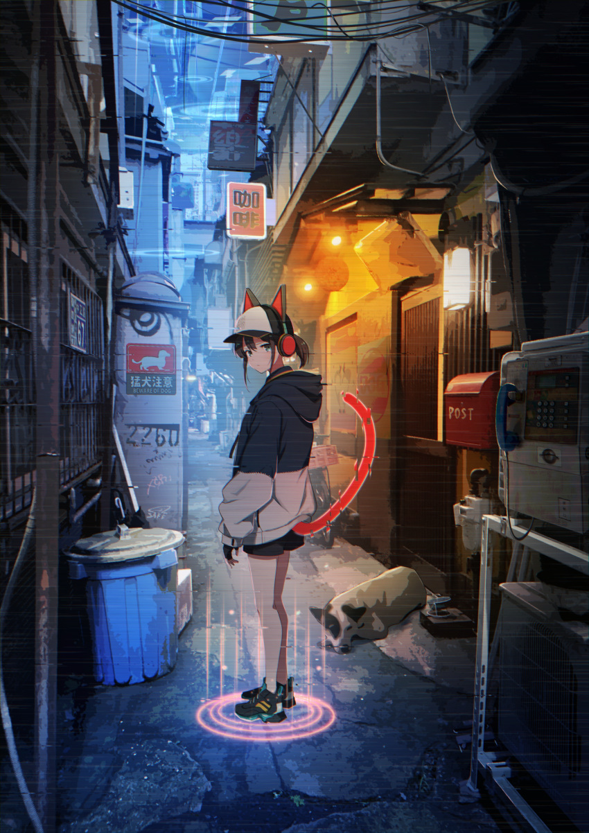 1girl absurdres air_conditioner alley animal_ear_headphones animal_ears arms_at_sides awning baseball_cap black_gloves black_hoodie blue_eyes brown_hair cat_ear_headphones cat_ears cat_tail closed_mouth commentary corded_phone dog door evening fake_animal_ears fake_tail fingerless_gloves from_behind full_body glitch gloves glowing hair_between_eyes hat headphones highres hood hood_down hoodie lantern looking_at_viewer looking_back original outdoors paper_lantern payphone phone ponytail postbox_(outgoing_mail) power_lines sakeharasu short_ponytail sidelocks sign solo symbol-only_commentary tail trash_can two-tone_hoodie wall_lamp white_headwear white_hoodie