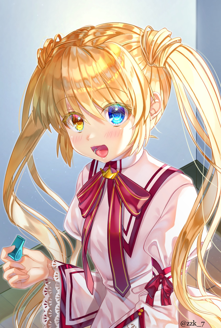 1girl :d blonde_hair blue_eyes blush colored_eyelashes commentary_request commission dress eyelashes eyes_visible_through_hair frilled_sleeves frills hair_between_eyes hand_up happy heterochromia highres holding holding_whistle indoors juliet_sleeves kazamatsuri_institute_high_school_uniform long_hair long_sleeves looking_at_viewer lower_teeth_only nakatsu_shizuru open_mouth pink_dress puffy_sleeves red_ribbon rewrite ribbon school_uniform skeb_commission smile solo teeth twintails twitter_username upper_body upturned_eyes variant_set very_long_hair whistle wide_sleeves yellow_eyes zuzuhashi