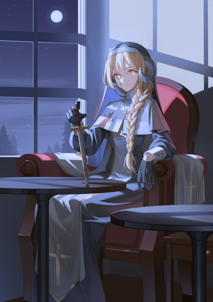 1girl armchair black_gloves blonde_hair blood blood_on_clothes blood_on_face blood_on_weapon braid chair commentary_request commission cross cross_necklace cross_print dagger full_moon gloves habit highres horns indoors jewelry knife long_hair looking_at_viewer moon moonlight necklace night nun original single_braid sitting skeb_commission solo table tsuki-shigure weapon window yellow_eyes