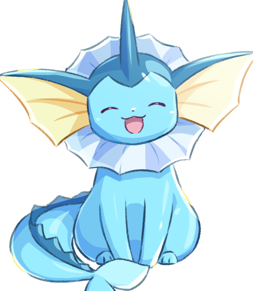 :3 ^_^ animal_focus closed_eyes commentary_request facing_viewer full_body happy highres neko_gyoza no_humans open_mouth partial_commentary pokemon pokemon_(creature) simple_background sitting smile solo straight-on vaporeon white_background