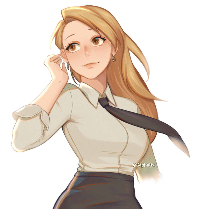 1girl absurdres aiphelix black_necktie blonde_hair blush breasts earrings fullmetal_alchemist highres jewelry large_breasts long_hair long_sleeves looking_to_the_side necktie riza_hawkeye shirt simple_background upper_body white_background white_shirt yellow_eyes