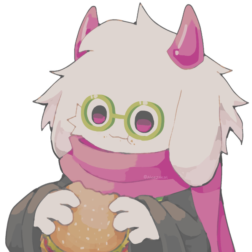 1boy :t alicezakat animal_ears artist_name black_shirt body_fur burger chewing child commentary crumbs deltarune eating english_commentary food food_bite food_on_face furry furry_male glasses goat_boy goat_ears green-framed_eyewear hands_up highres holding holding_food long_sleeves male_child male_focus pince-nez pink_horns pink_scarf ralsei round_eyewear scarf shirt signature simple_background solo standing twitter_username upper_body violet_eyes white_background white_fur wide_sleeves