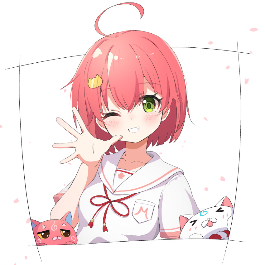 &gt;_&lt; 1girl absurdres ame. blush breasts cat_hair_ornament commentary_request cropped_torso green_eyes grin hair_ornament hand_up highres hololive looking_at_viewer neck_ribbon petals red_ribbon redhead ribbon sailor_collar sakura_miko shirt short_sleeves simple_background small_breasts smile solo upper_body virtual_youtuber white_background white_sailor_collar white_shirt