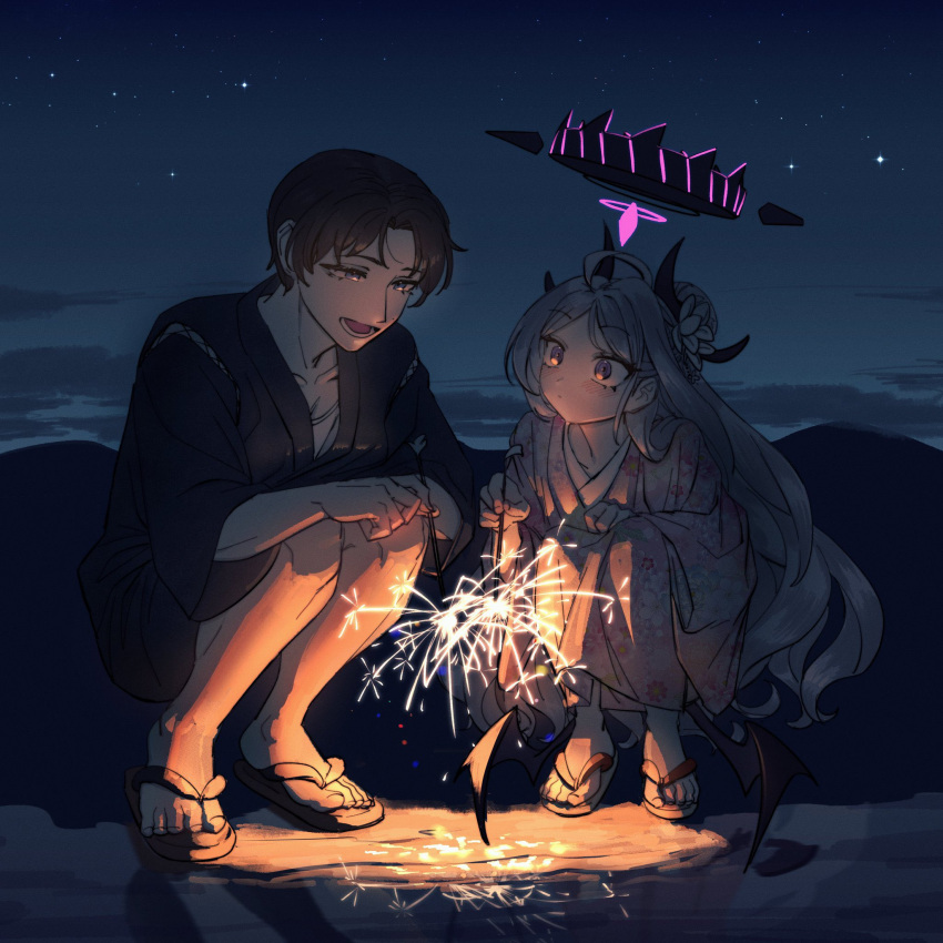 1boy 1girl blue_archive collarbone demon_horns demon_wings fireworks halo hetero highres hina_(blue_archive) hinaumma holding_fireworks horns looking_at_another night night_sky sensei_(blue_archive) sky sparkler squatting star_(sky) toes wings zouri