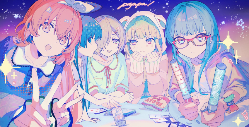 5girls :d animal_hood bawa_(thankyousushi) blue_eyes blue_hair blue_shirt blunt_bangs bow buttons can card cd_case chips_(food) closed_mouth collarbone collared_shirt colorful dot_nose double_v food glasses green_hair green_shirt hair_between_eyes hair_bow hair_over_one_eye hands_up highres holding_glowstick hood hood_down hooded_jacket hoodie hyodou_shizuku ibuki_nagisa idoly_pride jacket long_hair long_sleeves looking_at_another looking_at_viewer low_twintails lying multiple_girls narumiya_suzu neck_ribbon okuyama_sumire on_stomach one_eye_covered open_clothes open_jacket open_mouth pajamas pink_eyes pink_hair pink_hoodie playing_card polka_dot polka_dot_shirt potato_chips purple_jacket rabbit_hood red-framed_eyewear red_ribbon ribbon shiraishi_chisa shirt short_hair sidelocks sideways_glance sleepover sleeve_cuffs smile sparkle star_(symbol) straight_hair twintails two-tone_eyes v violet_eyes white_bow white_shirt