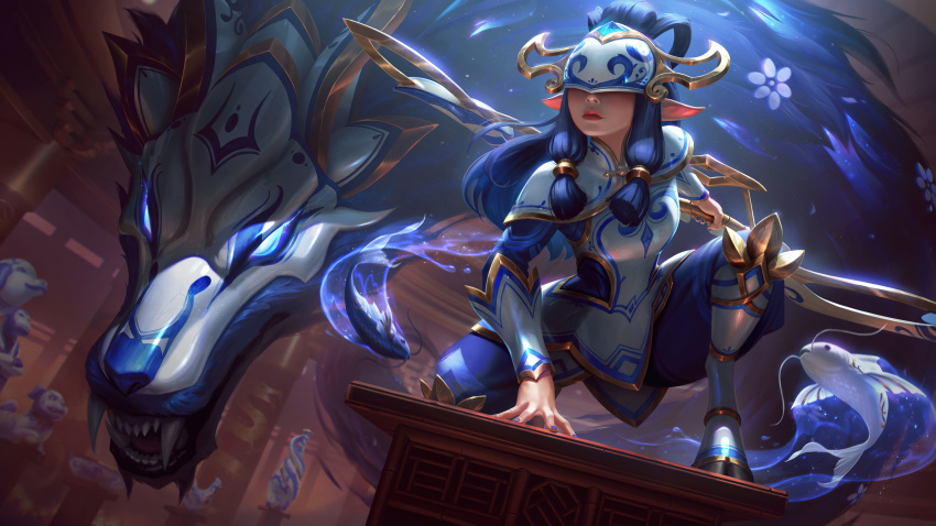 1girl absurdres armored_boots blue_eyes blue_hair blue_nails blue_pants boots bow bow_(weapon) breasts closed_mouth deiv_calviz fish flower flying_fish full_body glowing glowing_eyes highres holding holding_bow_(weapon) holding_weapon indoors kindred_(league_of_legends) knee_boots lamb_(league_of_legends) league_of_legends long_hair mask mask_on_head medium_breasts nail_polish official_alternate_costume official_art open_mouth pants pointy_ears porcelain porcelain_kindred red_lips statue temple weapon wolf wolf_(league_of_legends)