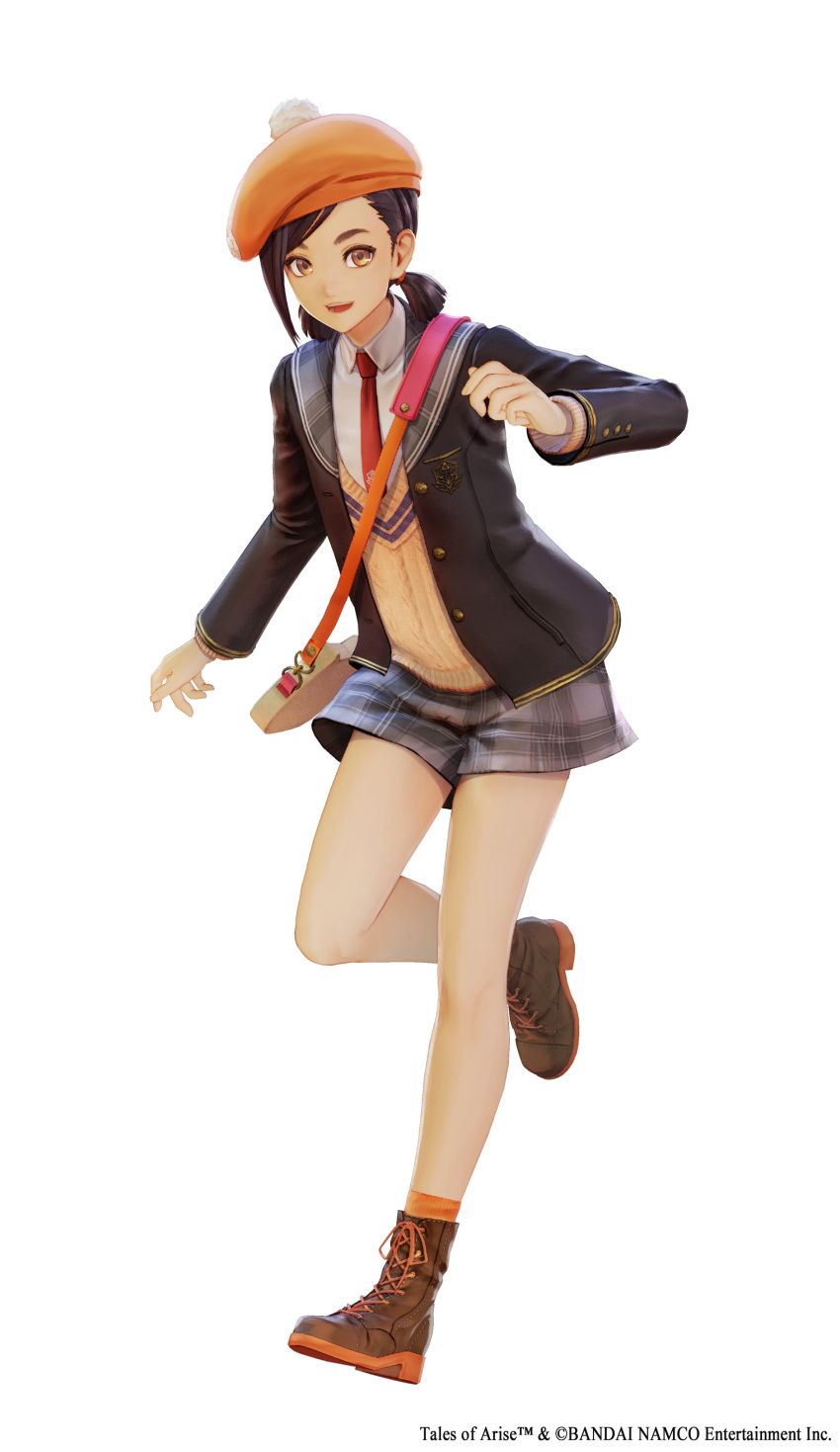 1girl absurdres alternate_costume artist_request black_hair black_jacket boots brown_footwear brown_sweater collared_shirt grey_shorts highres jacket long_sleeves necktie official_art open_clothes open_jacket orange_eyes orange_headwear plaid plaid_shorts red_necktie rinwell_(tales) school_uniform shirt short_shorts shorts smile solo sweater tales_of_(series) tales_of_arise white_background white_shirt wing_collar