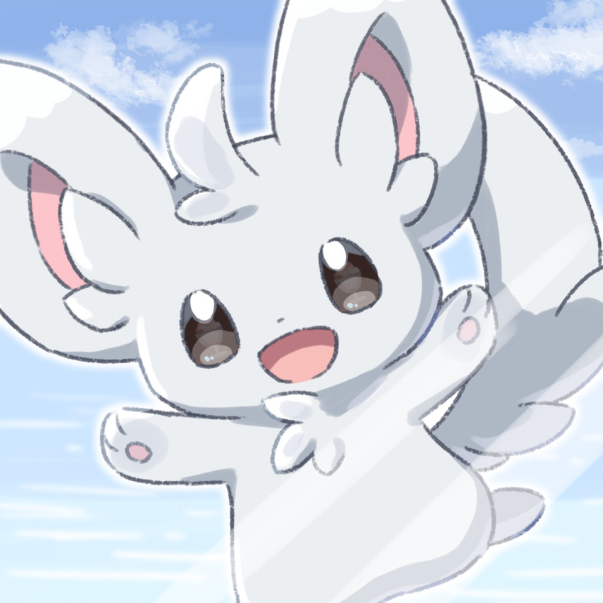 animal_focus arms_up black_eyes blue_background blue_sky clouds commentary_request dutch_angle gradient_background gradient_sky happy highres looking_at_viewer minccino neko_gyoza no_humans open_mouth outline outstretched_arms partial_commentary pawpads pokemon pokemon_(creature) sky smile solo spread_arms straight-on white_outline