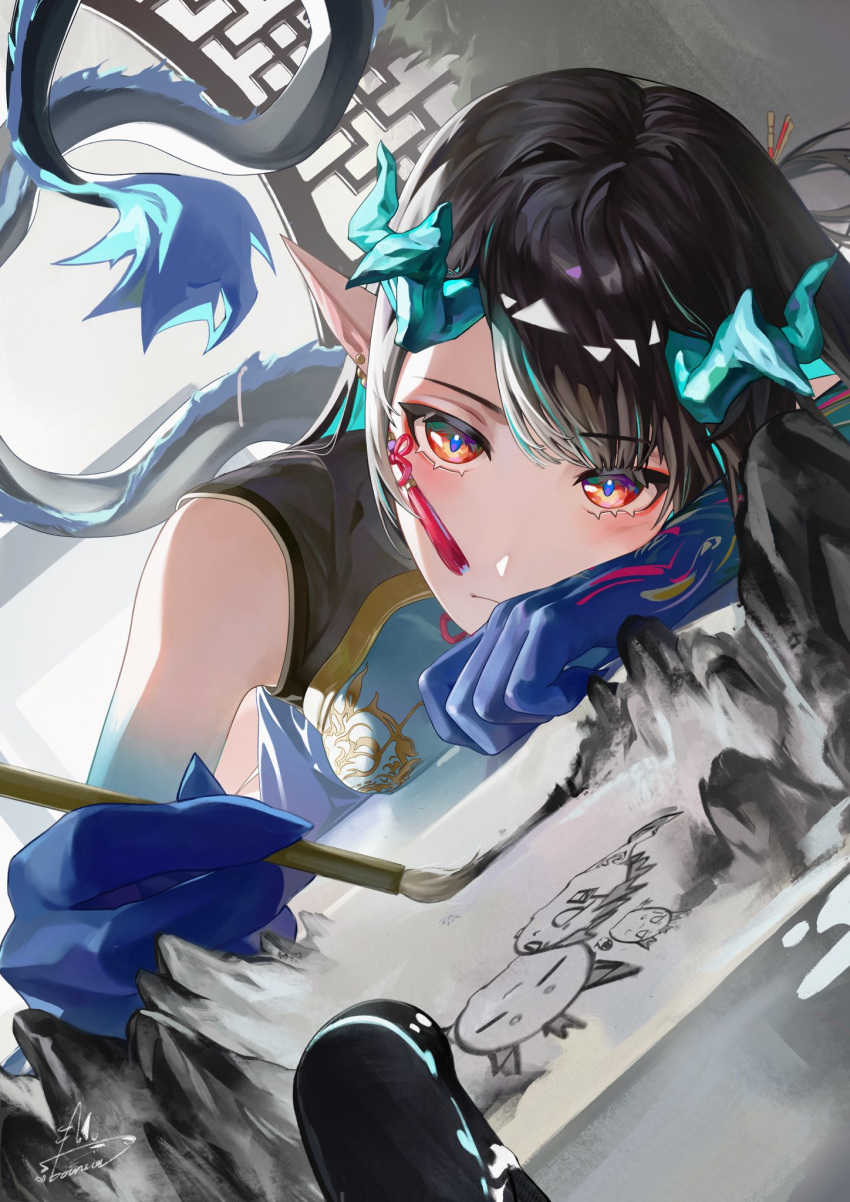 1girl 1other arknights artist_name bitey_(arknights) black_hair blue_hair blue_skin blush bounsies china_dress chinese_clothes colored_skin commentary concentrating dragon_bubble_(arknights) dragon_girl dragon_horns dragon_tail dress dusk_(arknights) dusk_(everything_is_a_miracle)_(arknights) earrings fiery_tail flame-tipped_tail gradient_skin green_horns highres holding holding_paintbrush horns jewelry ling_(arknights) looking_at_viewer lying multicolored_hair nian_(arknights) official_alternate_costume on_floor on_side paintbrush painting_(action) pointy_ears red_eyeliner red_eyes sleeveless sleeveless_dress streaked_hair tail tassel tassel_earrings