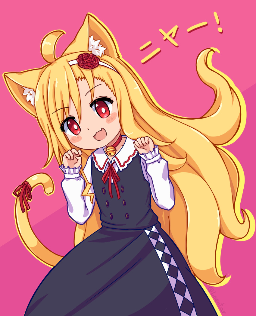 1girl absurdres ahoge animal_ears bell blonde_hair blush_stickers calico cat_ears cat_tail fang genderswap genderswap_(mtf) hair_between_eyes hairband highres loentar long_sleeves looking_back neck_bell neck_ribbon open_mouth paw_pose red_eyes ribbon shimura_akihiko tail tail_ornament tail_ribbon translation_request yo-jo_life!