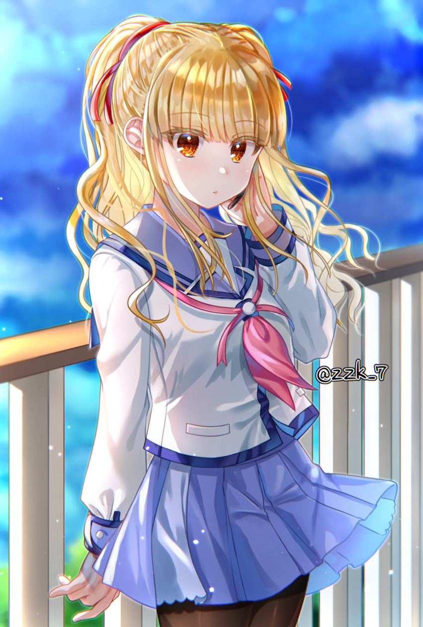 1girl angel_beats! arm_at_side black_pantyhose blonde_hair blue_sailor_collar blue_skirt blunt_bangs commentary_request commission cowboy_shot earpiece expressionless eyelashes eyes_visible_through_hair fence floating_hair hair_ribbon hand_up highres light_particles long_hair long_sleeves looking_at_viewer miniskirt neckerchief orange_eyes outdoors pantyhose parted_lips pink_neckerchief pleated_skirt red_ribbon ribbon sailor_collar shinda_sekai_sensen_uniform shirt sidelighting sidelocks skeb_commission skirt solo standing twitter_username two_side_up wavy_hair white_shirt yusa_(angel_beats!) zuzuhashi