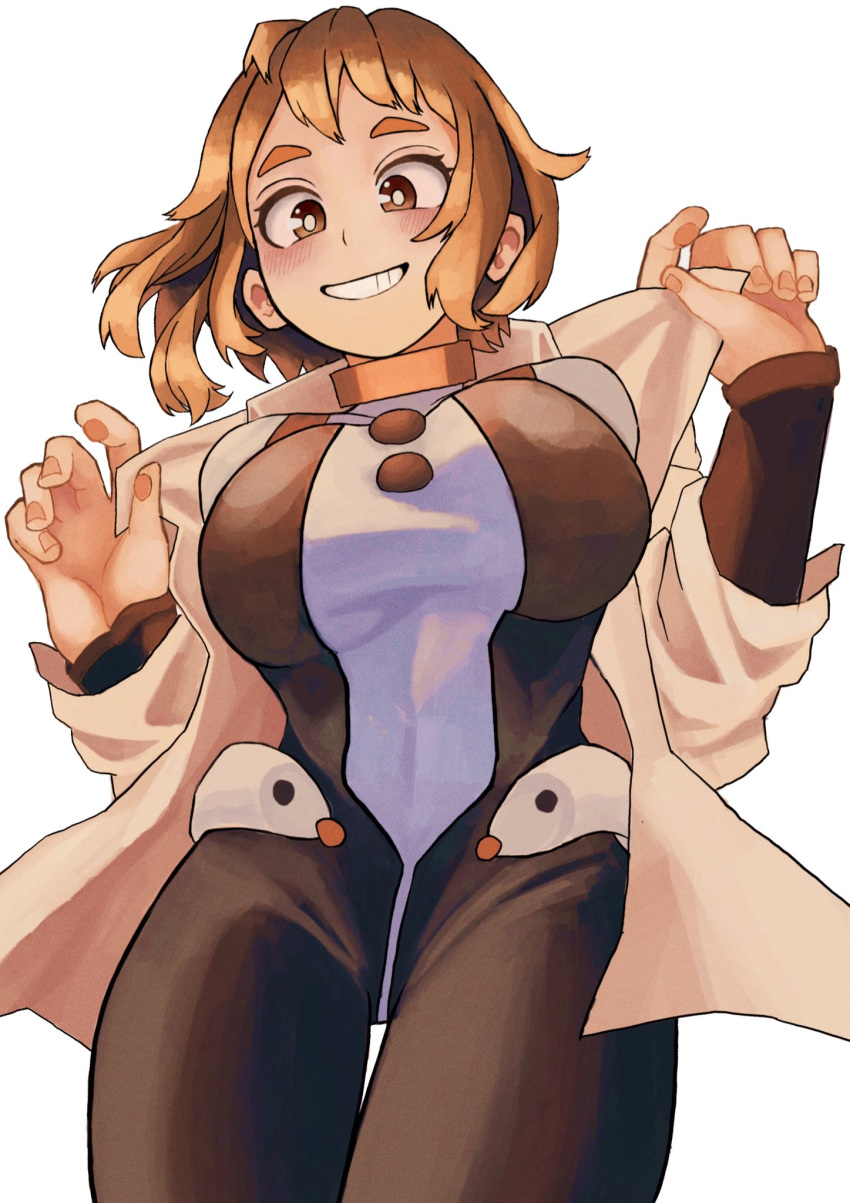 1girl blush boku_no_hero_academia breasts brown_eyes brown_hair concentratedmdk groin highres jacket jacket_partially_removed large_breasts looking_at_viewer looking_down open_clothes open_jacket short_hair simple_background skin_tight smile solo teeth tight_clothes uraraka_ochako white_background