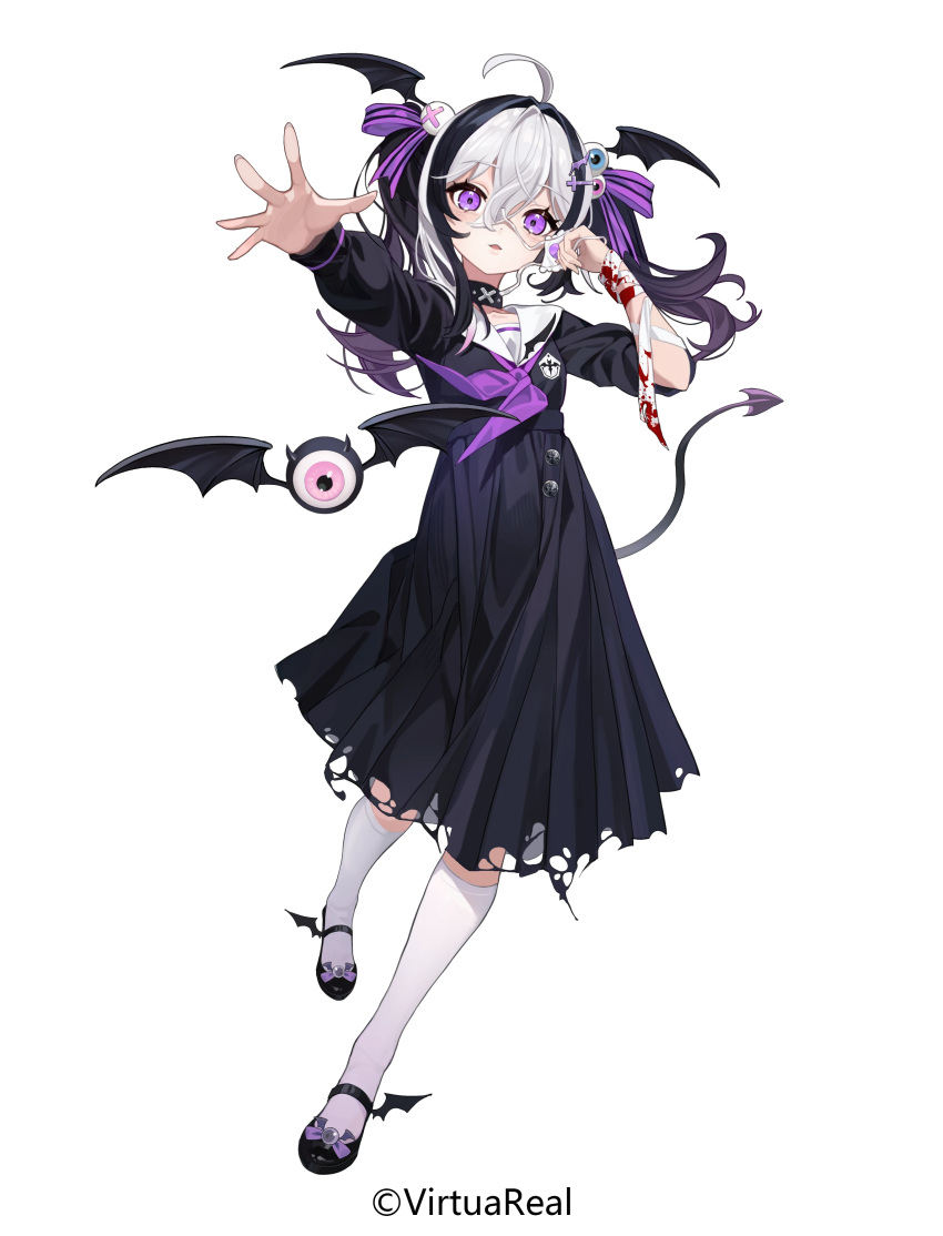 1girl absurdres ahoge bandaged_arm bandages bat_wings black_choker black_dress black_footwear black_hair blood blood_on_bandages choker copyright demon_tail dress eyeball_hair_ornament facing_viewer foot_up full_body hair_between_eyes hair_ornament hair_ribbon hands_up hatsuse_(virtuareal) head_wings highres holding_eyepatch kneehighs long_sleeves looking_at_viewer mary_janes medium_dress multicolored_hair neckerchief nijisanji official_art outstretched_arm outstretched_hand parted_lips purple_neckerchief purple_ribbon ribbon sailor_collar sailor_dress shoes sleeve_rolled_up socks solo standing standing_on_one_leg streaked_hair tachi-e tail torn_clothes torn_dress violet_eyes virtual_youtuber virtuareal white_background white_hair white_sailor_collar white_socks winged_footwear wings x_hair_ornament