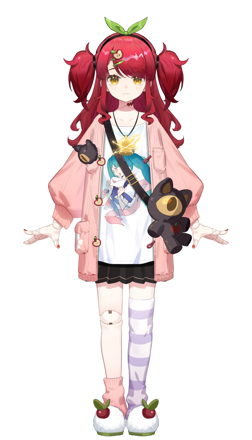 1girl :3 absurdres animal_bag apple_hair_ornament asymmetrical_legwear bag bell black_skirt blush bow bow_hairband cat_bag character_print collarbone doll_joints eve_(vtuber) facing_viewer food-themed_hair_ornament full_body green_bow hair_ornament hairband hairclip highres jacket joints long_hair long_sleeves loose_socks loose_thighhigh miniskirt mismatched_legwear neck_bell nijisanji official_art open_clothes open_jacket pink_jacket pink_socks pleated_skirt puffy_long_sleeves puffy_sleeves purple_thighhighs red_nails redhead shirt shoulder_bag sidelocks skirt slippers socks solo standing striped striped_thighhighs sweater_jacket tachi-e thigh-highs two-tone_thighhighs two_side_up uneven_legwear virtual_youtuber virtuareal white_background white_footwear white_shirt white_thighhighs yellow_eyes