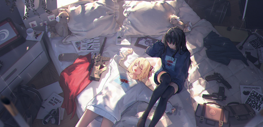 2girls absurdres black_hair black_thighhighs blonde_hair closed_eyes gyx3 highres indoors inoue_takina looking_at_another lycoris_recoil lying multiple_girls nishikigi_chisato on_back on_bed open_mouth sleeping sunlight thigh-highs thighs violet_eyes weapon yuri