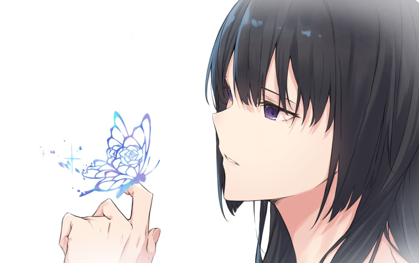 1girl bang_dream! black_hair blunt_bangs bug butterfly butterfly_on_hand close-up fingernails flower from_side highres looking_at_animal parted_lips rose shirokane_rinko simple_background solo sou_(user_hgyh8775) sparkle violet_eyes white_background