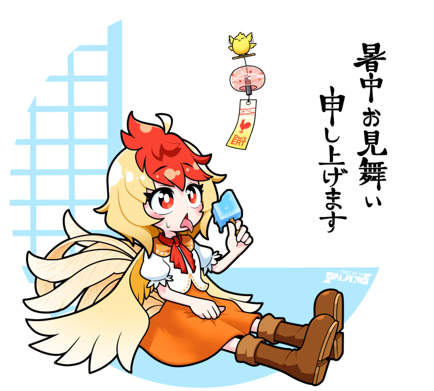 1girl bird bird_tail bird_wings blonde_hair blush boots bright_pupils brown_footwear chick commentary_request dated dress feathered_wings flat_chest flying food full_body highres holding holding_food holding_popsicle medium_bangs medium_hair multicolored_hair neckerchief niwatari_kutaka open_mouth orange_dress popsicle red_eyes red_neckerchief redhead shirt shochuumimai shouji sitting sliding_doors solidus_(sword_cube) solo tail tongue tongue_out touhou translation_request two-tone_hair white_background white_pupils white_shirt wind_chime wings yellow_wings