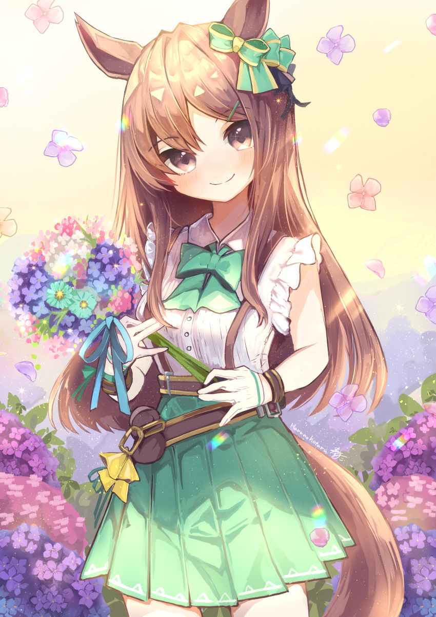 1girl animal_ears aqua_flower artist_name belt black_belt bouquet bow bowtie brown_eyes brown_hair closed_mouth commentary commentary_request cowboy_shot day ear_bow ear_ribbon falling_flower flower frilled_shirt frills gloves green_bow green_bowtie green_ribbon green_skirt hair_ornament hairclip harunohotaru highres holding holding_bouquet horse_ears horse_girl horse_tail long_hair looking_at_viewer mejiro_dober_(umamusume) miniskirt outdoors partial_commentary petals pink_flower pleated_skirt pouch purple_flower ribbon shirt signature skirt sleeveless sleeveless_shirt smile solo standing suspender_skirt suspenders tail umamusume violet_eyes white_flower white_gloves white_shirt wing_collar