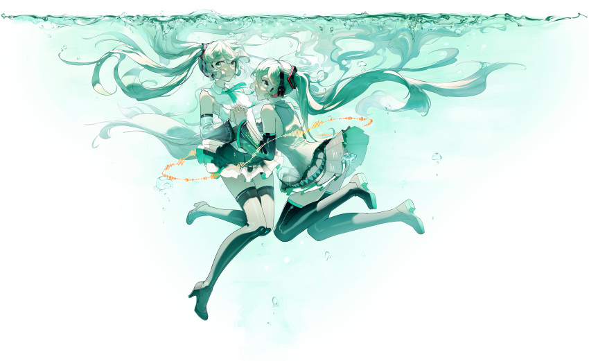 2girls absurdres aqua_eyes aqua_hair aqua_ribbon aqua_theme bare_shoulders black_skirt black_thighhighs bubble closed_mouth collared_shirt commentary detached_sleeves floating_hair full_body hatsune_miku hatsune_miku_(nt) headset high_heels highres holding_hands long_hair looking_at_viewer looking_back ly.t multiple_girls neck_ribbon open_mouth piapro pleated_skirt ribbon shirt skirt sleeveless sleeveless_shirt thigh-highs twintails underwater very_long_hair vocaloid white_shirt