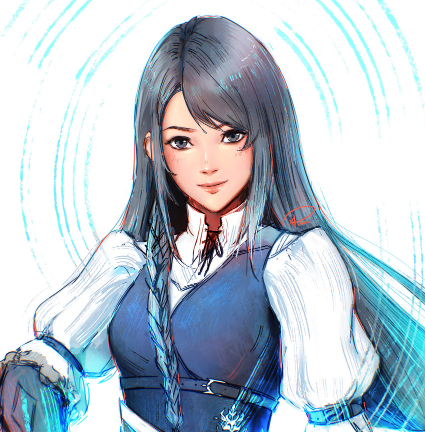 1girl belt blue_vest blush braid final_fantasy final_fantasy_xvi floating_hair frilled_gloves frills gloves grey_hair hand_on_own_hip highres jill_warrick long_hair long_sleeves looking_at_viewer puffy_long_sleeves puffy_sleeves ribbon simple_background smile solo upper_body vest white_background wind wind_lift xriviia