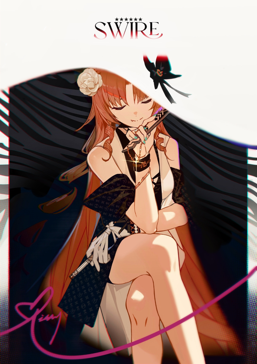 1girl absurdres arknights black_dress character_name closed_eyes closed_mouth crossed_legs dress fang fang_out feet_out_of_frame flower gloves hair_flower hair_ornament hand_fan highres holding holding_fan long_hair orange_hair single_glove single_tooth sitting smoke swire_(arknights) swire_the_elegant_wit_(arknights) white_flower white_gloves xiayehongming