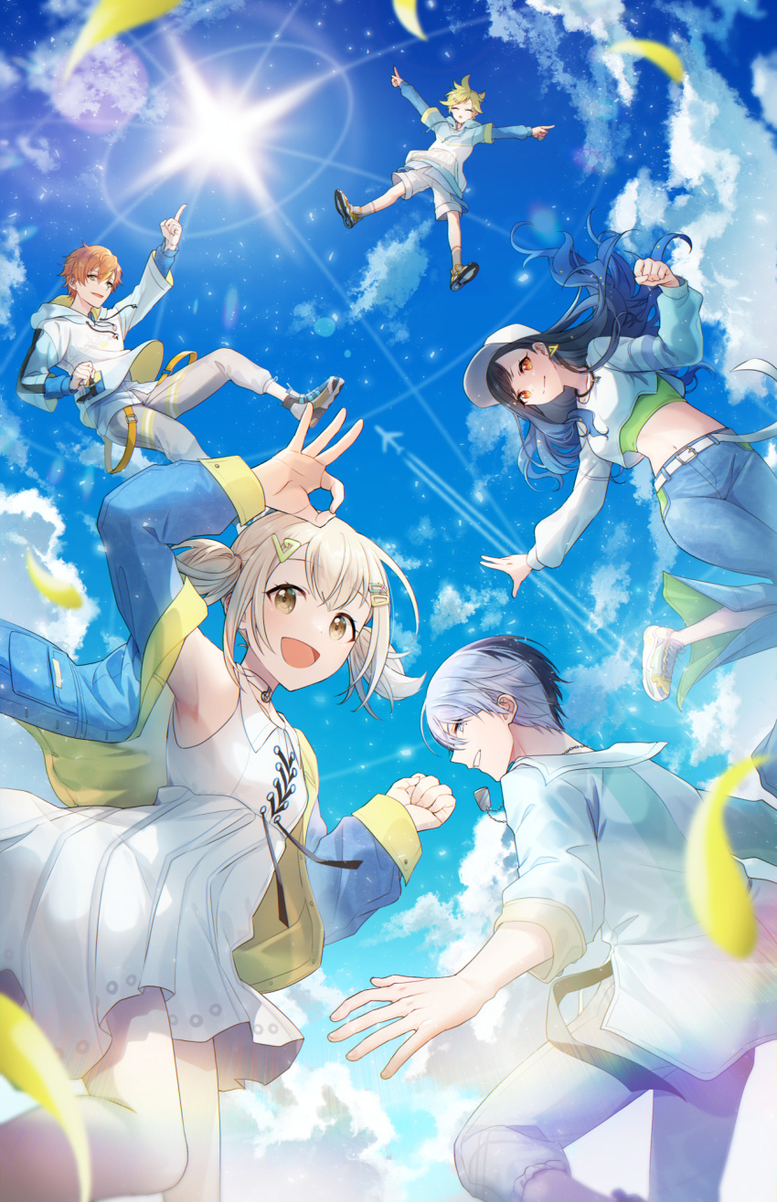 2girls 3boys aoyagi_touya armpits azusawa_kohane baseball_cap belt black_hair blonde_hair blue_hair brown_eyes clenched_hand closed_eyes closed_mouth clouds commentary dark_blue_hair drawstring dress flyer_(vocaloid) grey_eyes hair_ornament hairclip hat highres hood hood_down hoodie index_finger_raised jacket jewelry kagamine_len legend_still_vivid_(project_sekai) long_hair looking_at_viewer mole mole_under_eye multicolored_hair multiple_boys multiple_girls navel necklace official_alternate_costume offtoon12 ok_sign open_clothes open_jacket open_mouth orange_eyes orange_hair project_sekai shinonome_akito shiraishi_an short_hair short_twintails shorts sky sleeveless sleeves_past_elbows smile stomach streaked_hair teeth twintails two-tone_hair very_long_hair vivid_bad_squad_(project_sekai) vivid_bad_squad_len white_belt white_dress white_headwear