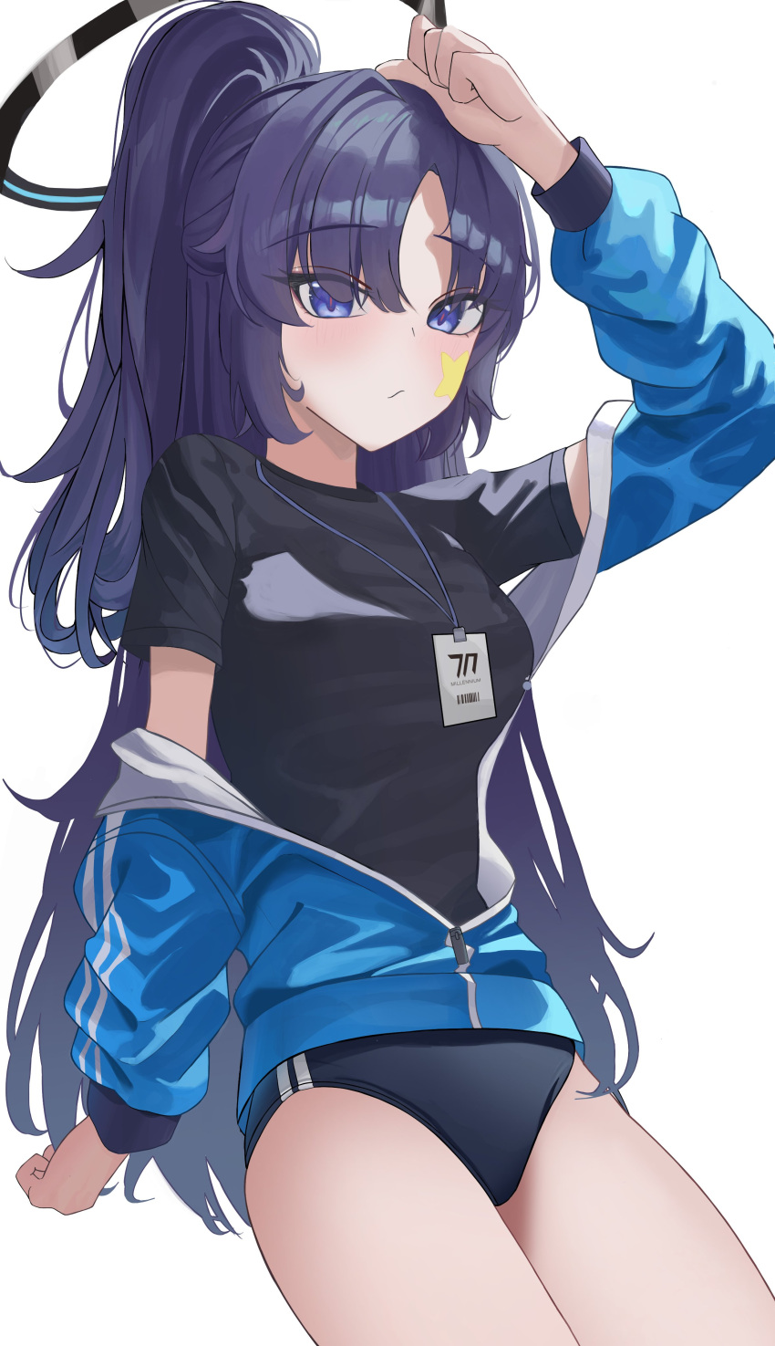 1girl absurdres arm_up black_buruma black_shirt blue_archive blue_jacket breasts buruma gym_shirt gym_uniform halo highres id_card jacket jacket_partially_removed lanyard long_hair looking_at_viewer medium_breasts official_alternate_costume partially_unzipped ponytail purple_hair red_pupils shirt short_sleeves simple_background smile12190 solo star_(symbol) star_sticker sticker sticker_on_face thighs track_jacket violet_eyes white_background yuuka_(blue_archive) yuuka_(track)_(blue_archive)
