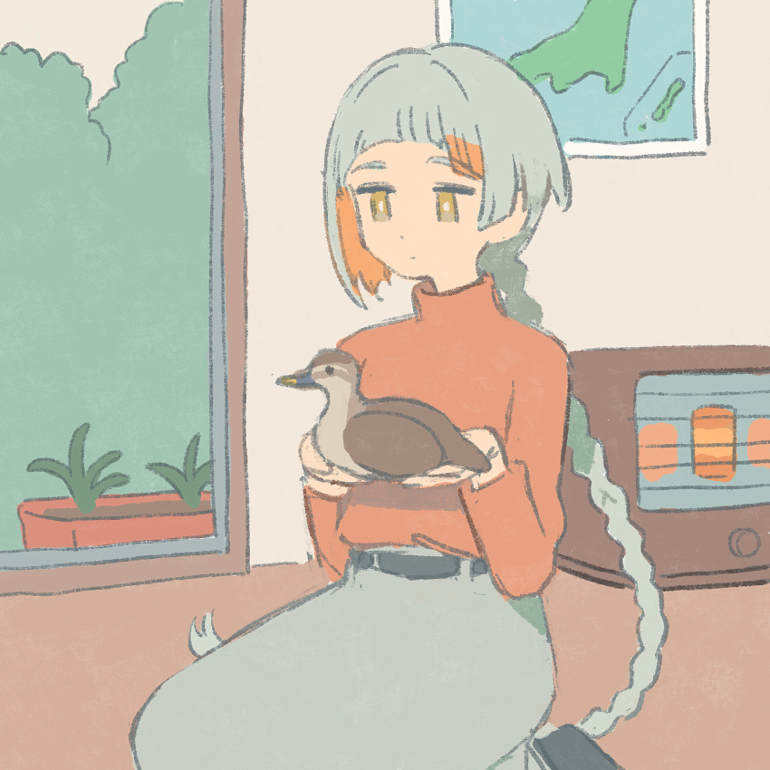 1girl alternate_costume animal bird blunt_bangs braid braided_ponytail bright_pupils chis-a closed_mouth dot_mouth duck expressionless glass_door grey_hair grey_skirt highres holding holding_animal holding_bird indoors japan long_hair long_skirt long_sleeves looking_at_animal map_(object) muji_(uimss) multicolored_hair no_sclera on_floor orange_hair orange_sweater plant potted_plant raised_eyebrows seiza shirt_tucked_in sitting skirt solo space_heater streaked_hair sweater turtleneck very_long_hair voisona white_pupils yellow_eyes