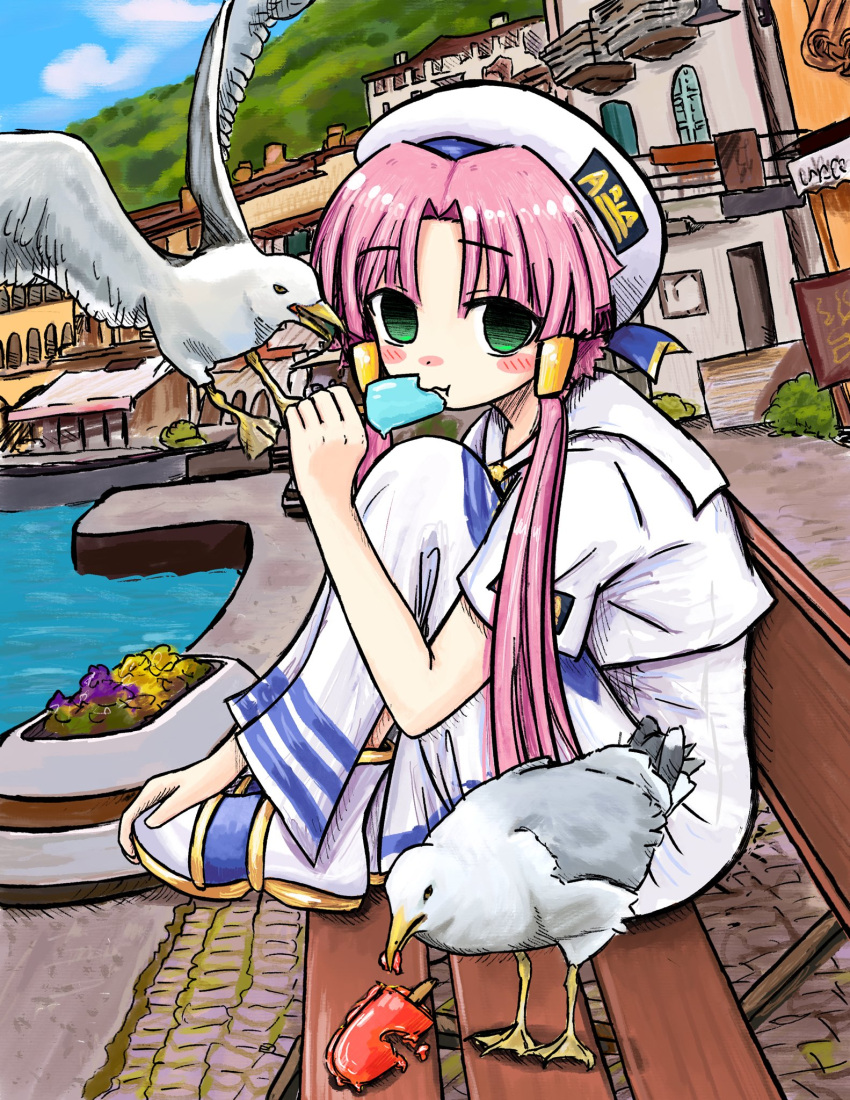 1girl animal aria aria_company_uniform bench bird blush bubbacterial building clouds day dress eating food green_eyes hat highres holding holding_food holding_popsicle looking_at_viewer mizunashi_akari outdoors pink_hair popsicle seagull short_sleeves sitting sky white_dress white_headwear