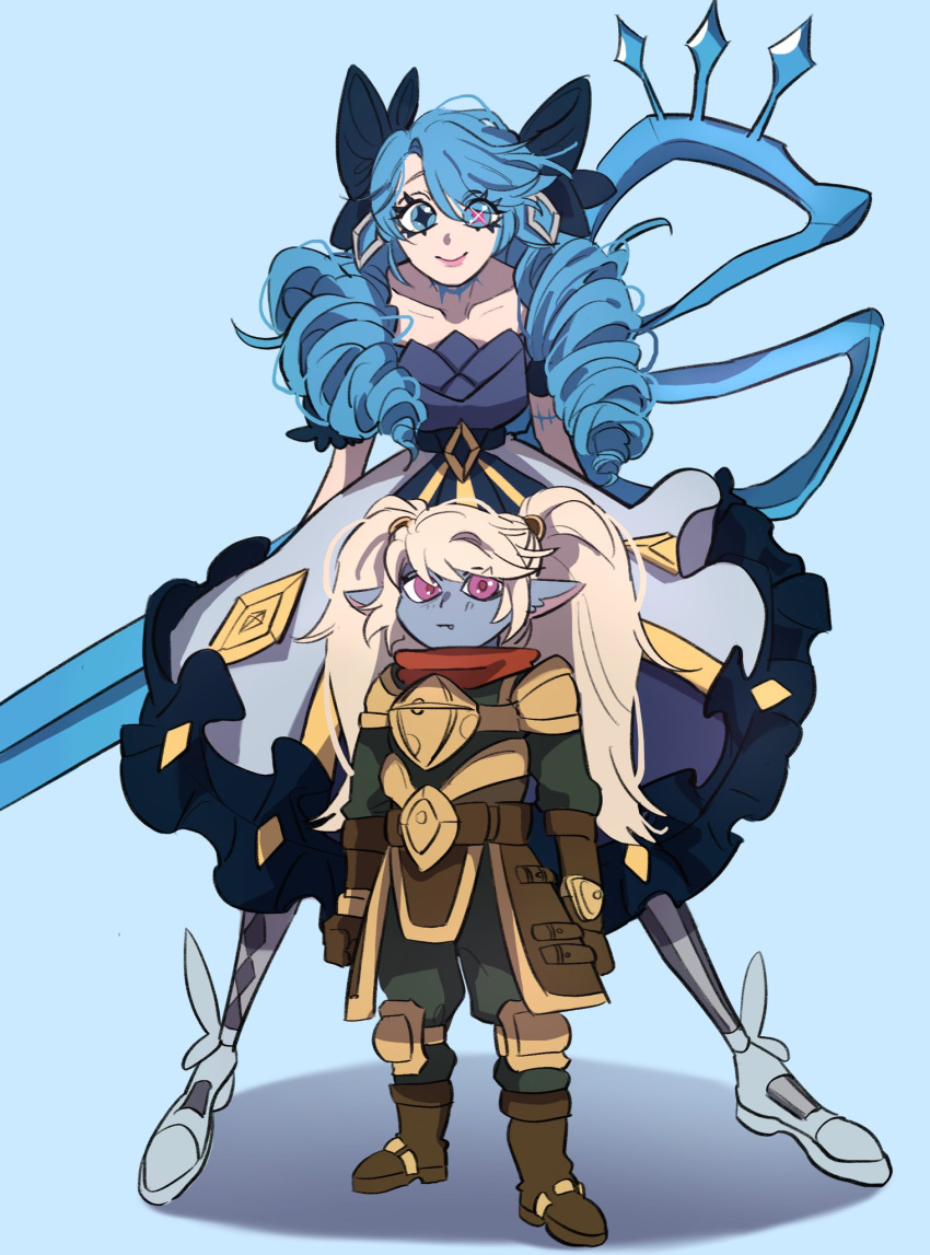 2girls armor belt black_bow black_dress blonde_hair blue_hair blue_skin bow brown_belt brown_footwear brown_pants collarbone colored_skin dress drill_hair gradient_background green_eyes grey_dress gwen_(league_of_legends) hair_bow highres holding holding_scissors jiha_(ssa2026b) league_of_legends long_sleeves looking_at_viewer multiple_girls oversized_object pants pantyhose pink_eyes pointy_ears poppy_(league_of_legends) red_scarf scarf scissors shoes shoulder_plates standing striped striped_pantyhose twin_drills twintails yordle