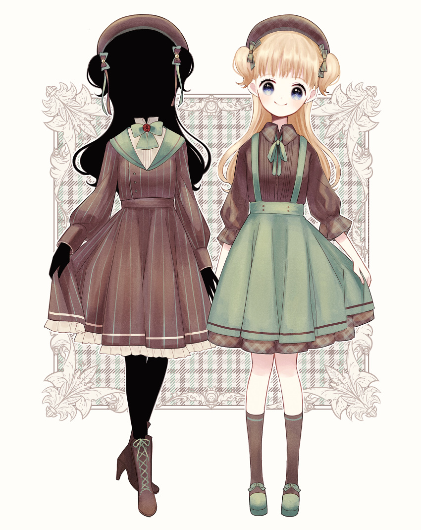 2girls absurdres ankle_boots blonde_hair blue_eyes boots bow bowtie brown_bow brown_dress brown_footwear brown_headwear brown_ribbon brown_shirt closed_mouth collared_shirt cross-laced_footwear curtsey dress emilico_(shadows_house) facing_viewer flower flower_brooch frilled_dress frills full_body green_bow green_bowtie green_footwear green_ribbon green_skirt hair_bow hair_ribbon hat highres kate_(shadows_house) kohori lace-up_boots long_hair long_sleeves looking_at_viewer multiple_girls plaid plaid_background puffy_long_sleeves puffy_sleeves red_flower red_rose ribbon rose sailor_dress shadow_(shadows_house) shadows_house shirt shoes skirt skirt_hold smile standing suspender_skirt suspenders two_side_up white_shirt