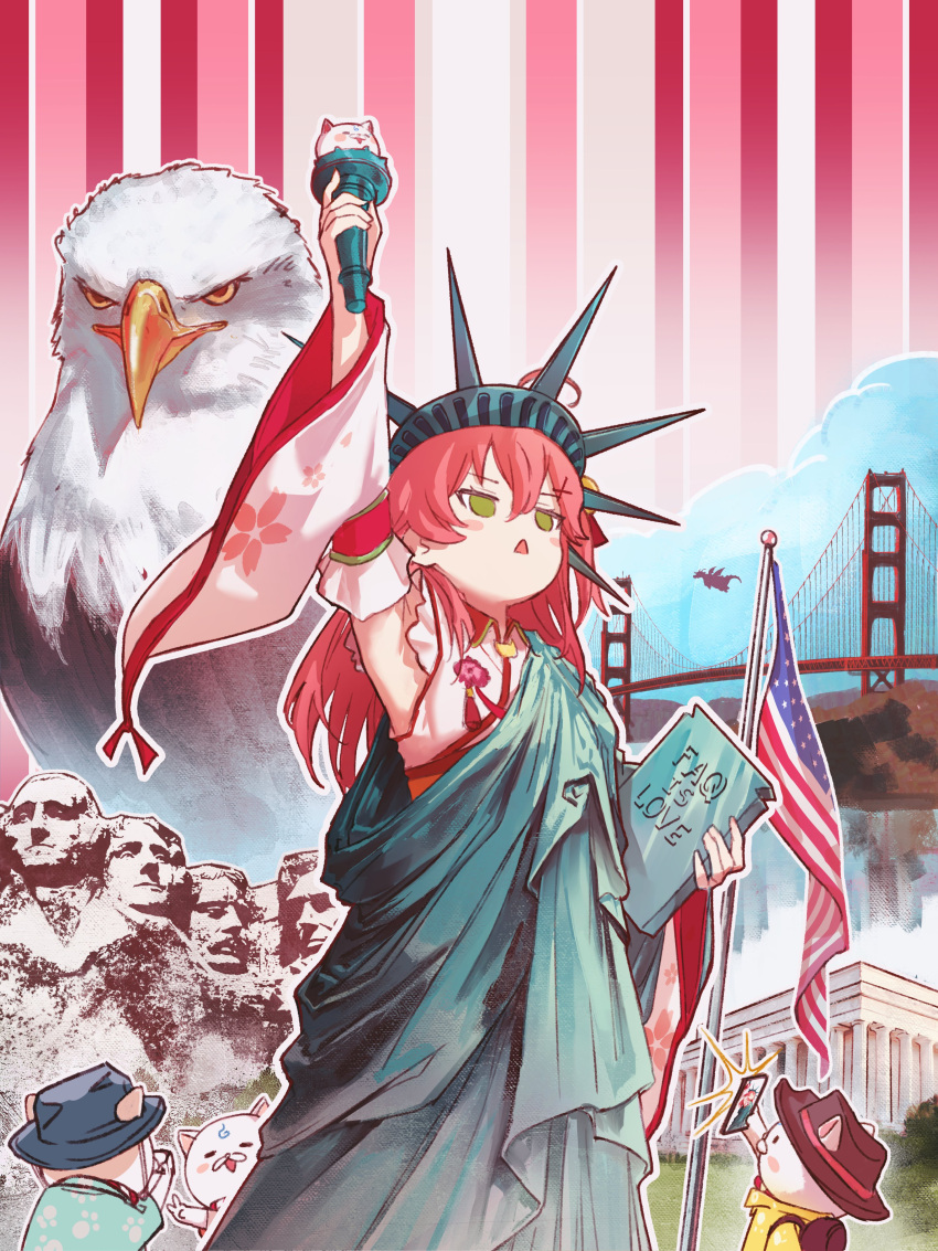 1girl 35p_(sakura_miko) 3others absurdres american_flag bald_eagle bird cat cellphone cosplay dragon eagle english_text engrish_text furry golden_gate_bridge green_eyes highres holding holding_phone hololive hyde_(tabakko) long_hair mount_rushmore multiple_others patriotism phone ranguage redhead sakura_miko selfie smartphone statue_of_liberty taking_picture united_states