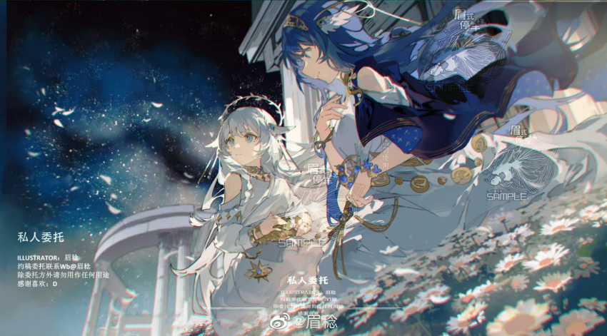 2girls artist_name blue_capelet blue_eyes blue_hair blurry blurry_background bracelet capelet chromatic_aberration closed_mouth detached_sleeves dress european_architecture falling_petals field floating_hair flower flower_field gold_bracelet gold_necklace grass hair_between_eyes hair_ornament head_wings highres jewelry long_hair looking_ahead mei_ren multiple_girls necklace night night_sky on_grass original outdoors petals ring sample_watermark seiza sidelocks sitting sky smile star_(sky) starry_sky watermark white_dress white_flower white_hair wind wings