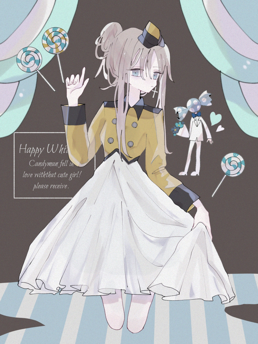 1boy 1girl blue_eyes bouquet brown_background brown_hair candy cropped_jacket cross cross_earrings cursive curtains dress earrings english_text food hair_bun hat heart highres holding holding_bouquet jacket jewelry lollipop looking_at_viewer mini_hat nanamiya_ten object_head original suit wading white_day white_dress white_suit yellow_jacket