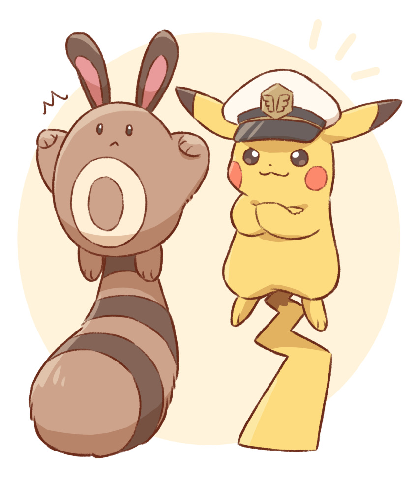 :&lt; :3 ^^^ animal_focus black_eyes blush_stickers border captain_pikachu closed_mouth clothed_pokemon commentary_request crossed_arms full_body happy hat highres neko_gyoza no_humans notice_lines outside_border partial_commentary peaked_cap pikachu pokemon pokemon_(anime) pokemon_(creature) pokemon_horizons sentret simple_background smile tail_stand white_border white_headwear yellow_background