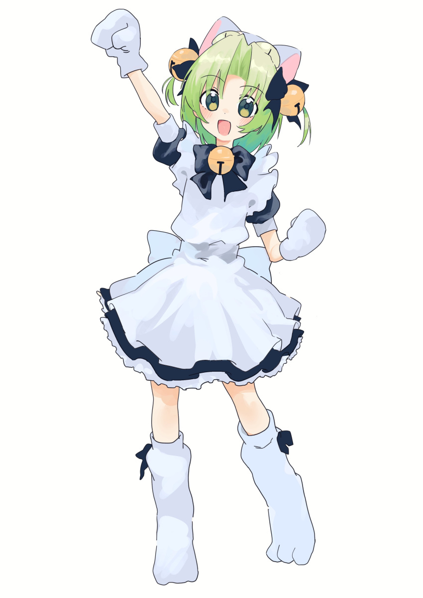 1girl absurdres animal_hat arm_up bell black_bow blush bow cat_hat clenched_hands dejiko di_gi_charat dress full_body green_hair hair_bow hat highres jingle_bell kurobeko_(kur0bek0) mittens open_mouth paw_shoes short_hair simple_background solo standing two_side_up white_footwear white_headwear white_mittens
