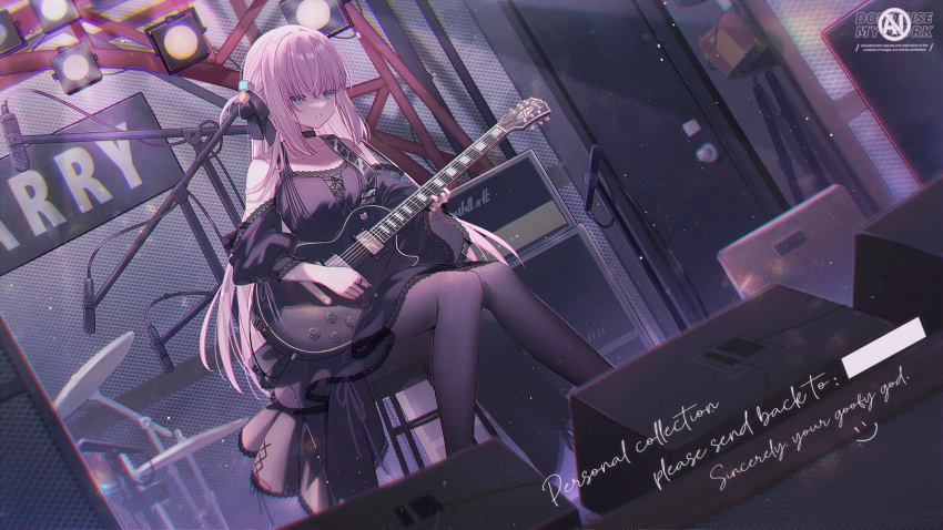 1girl amplifier black_thighhighs blue_eyes blunt_bangs bocchi_the_rock! commission cross-laced_clothes cross-laced_dress cube_hair_ornament dress drum drum_set electric_guitar english_text frilled_dress frills gibson_les_paul gotoh_hitori guitar hair_ornament highres instrument jewelry lace-trimmed_dress lace_trim light_particles microphone microphone_stand one_side_up parted_lips pink_hair ring sidelocks sitting smile solo stage stage_lights stool thigh-highs umehara_sei watermark