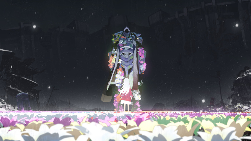 1girl 1other abandoned absurdres arms_at_sides asteroid_ill clara_(honkai:_star_rail) coat facing_away field flower from_behind full_body fur-trimmed_coat fur_trim glowing green_flower highres honkai:_star_rail honkai_(series) humanoid_robot light_particles long_hair long_sleeves moss night outdoors overgrown plant post-apocalypse purple_flower red_coat robot ruins straight_hair svarog_(honkai:_star_rail) vines white_hair wide_shot yellow_flower