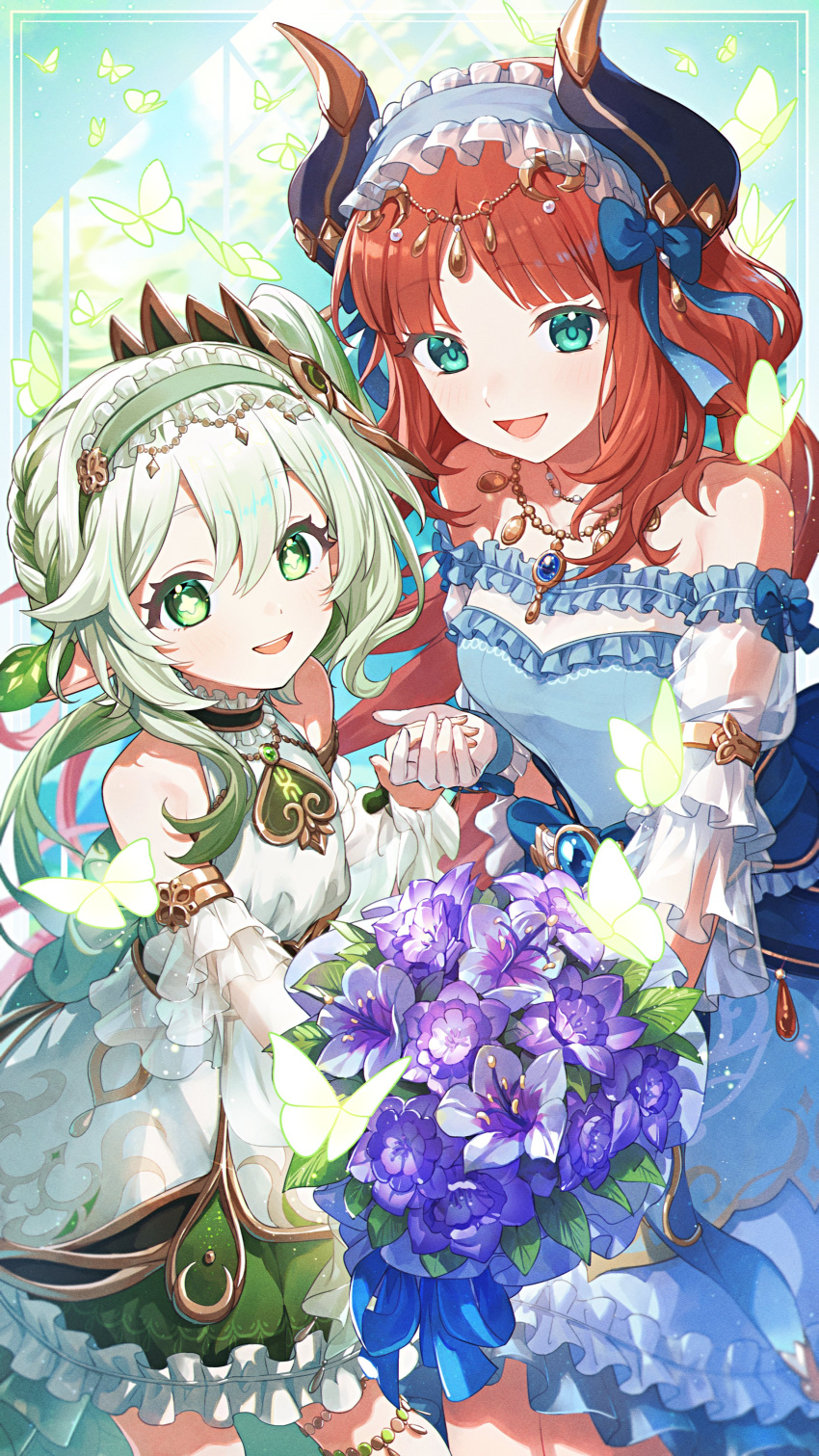 2girls :d absurdres aoppoi_oto aqua_eyes bare_shoulders black_horns blue_background blue_bow blue_dress blue_gemstone blue_hairband blue_ribbon blunt_bangs blush bouquet bow braid bug butterfly circlet collarbone commentary_request cross-shaped_pupils detached_sleeves dress eyelashes floating_hair flower french_braid frilled_dress frilled_hairband frilled_sleeves frills gem genshin_impact gold_trim gradient_hair green_butterfly green_dress green_eyes green_hair green_hairband hair_between_eyes hair_bow hair_ornament hairband hand_up highres holding holding_bouquet holding_hands horns jewelry leaf leaf_hair_ornament long_hair looking_at_viewer low_twintails multicolored_clothes multicolored_dress multicolored_hair multiple_girls nahida_(genshin_impact) necklace nilou_(genshin_impact) nilou_(gigo)_(genshin_impact) official_alternate_costume open_mouth padisarah_flower parted_bangs pointy_ears ponytail puffy_short_sleeves puffy_sleeves purple_flower redhead ribbon see-through see-through_sleeves short_sleeves side_ponytail sidelocks single_braid sleeveless sleeveless_dress smile strapless strapless_dress sumeru_rose_(genshin_impact) symbol-shaped_pupils teeth thighlet twintails upper_teeth_only very_long_hair white_dress white_hair