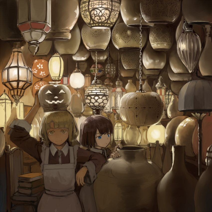 2girls apron arm_up blonde_hair blue_eyes bob_cut book book_stack brown_dress brown_hair ceiling_light chain chair collared_dress dress glowing hanging_light highres indoors inspecting jack-o'-lantern lamp lantern looking_ahead looking_at_viewer low_twintails maid monono_fumeme multiple_girls object_on_head original short_hair smile too_many twintails white_apron yellow_eyes