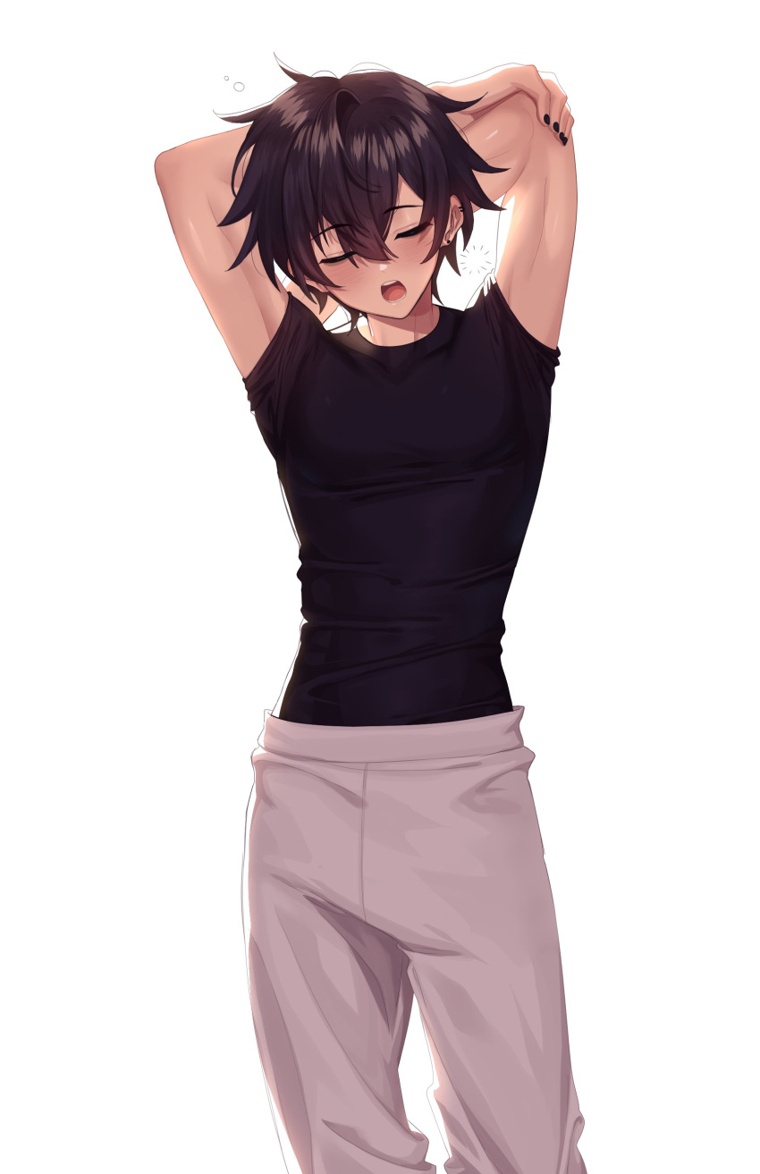 1boy absurdres annidrw black_nails black_shirt closed_eyes crossed_arms earrings grey_pants highres indie_virtual_youtuber jewelry male_focus open_mouth pants shirt short_hair shoto_(vtuber) solo t-shirt virtual_youtuber white_background