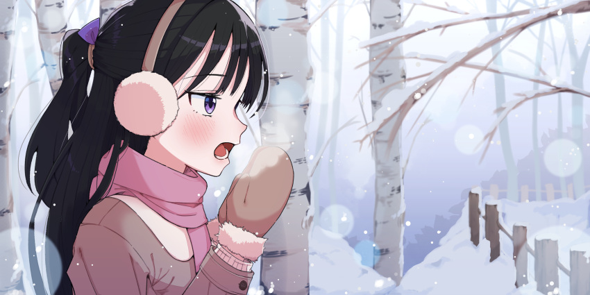 1girl :o absurdres bare_tree birch black_hair blush breath brown_coat brown_mittens coat commentary_request earmuffs fence highres korean_commentary long_hair mittens mixed-language_commentary oo_s open_mouth original pink_scarf scarf snow tree violet_eyes winter