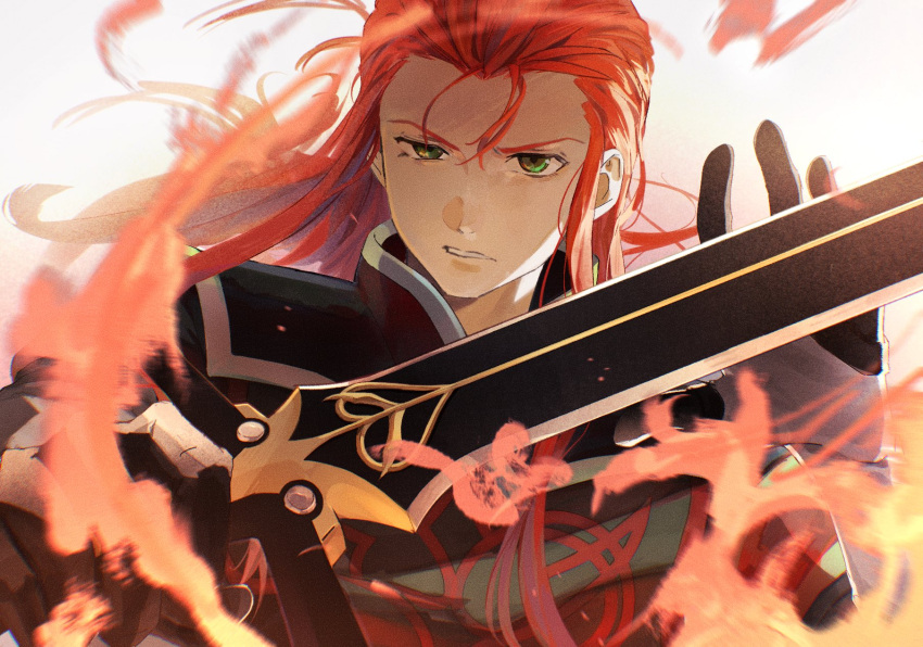 1boy asch_(tales) black_gloves black_jacket commentary_request embers fire gloves green_eyes hair_pulled_back hands_up high_collar highres holding holding_sword holding_weapon jacket long_hair long_sleeves looking_at_viewer male_focus meba open_hand parted_lips redhead serious shoulder_pads sidelocks solo sword tabard tales_of_(series) tales_of_the_abyss upper_body weapon