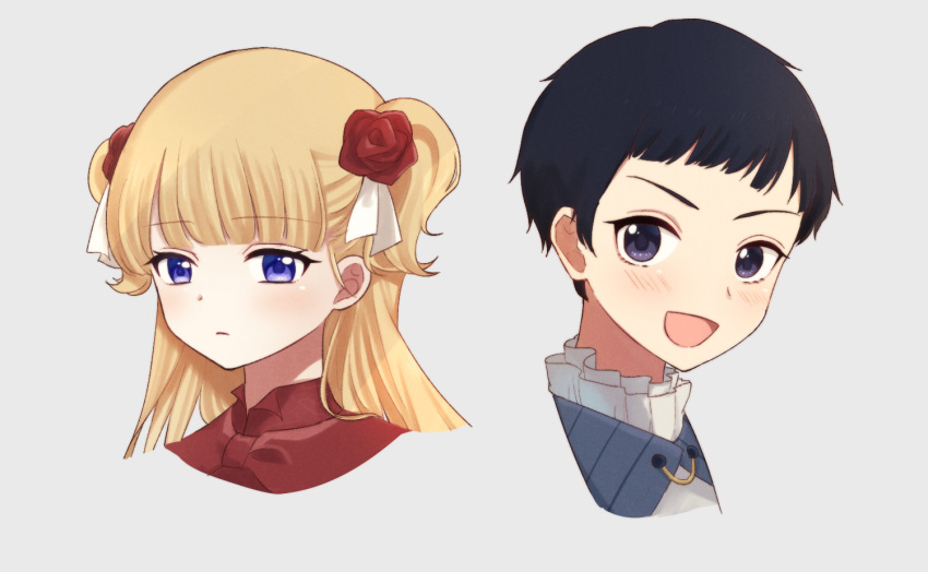 1boy 1girl black_hair blonde_hair blue_eyes blunt_bangs blush closed_mouth flower frills frown grey_background hair_flower hair_ornament humanization john_(shadows_house) kate_(shadows_house) long_hair looking_at_viewer open_mouth portrait red_flower red_rose rose sawadariku75 shadows_house short_hair simple_background two_side_up violet_eyes