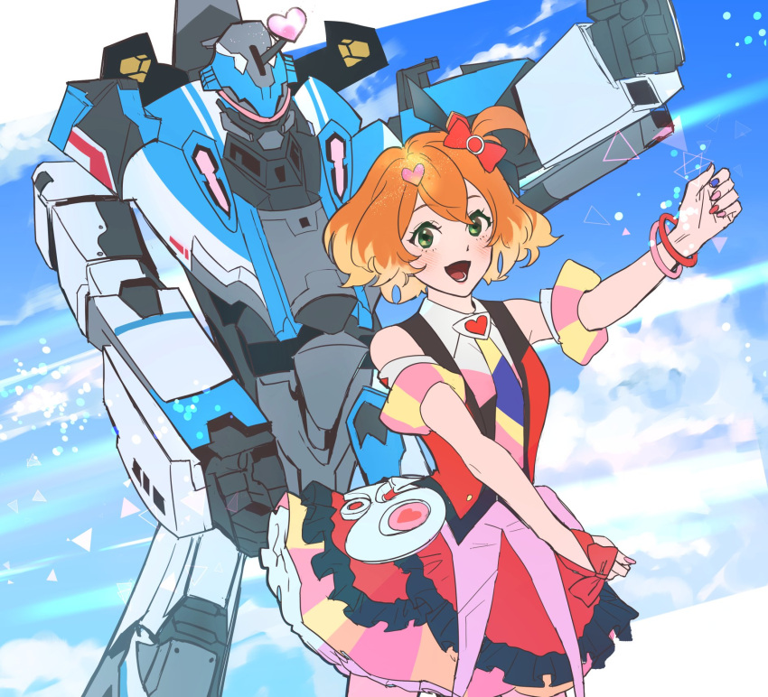1girl arm_strap assault_visor blue_nails blush bow bracelet clenched_hands clouds collared_shirt colored_tips dancing freyja_wion green_eyes hair_bow hair_ornament heart heart_hair_ornament highres horns jewelry macross macross_delta mecha multicolored_hair multicolored_nails open_mouth orange_hair pink_skirt red_bow red_nails red_skirt red_vest robot shirt short_hair single_horn skirt sky smile the_monkey uta_macross_sumaho_deculture variable_fighter vest vf-31 vf-31j white_shirt yama0109 yellow_nails