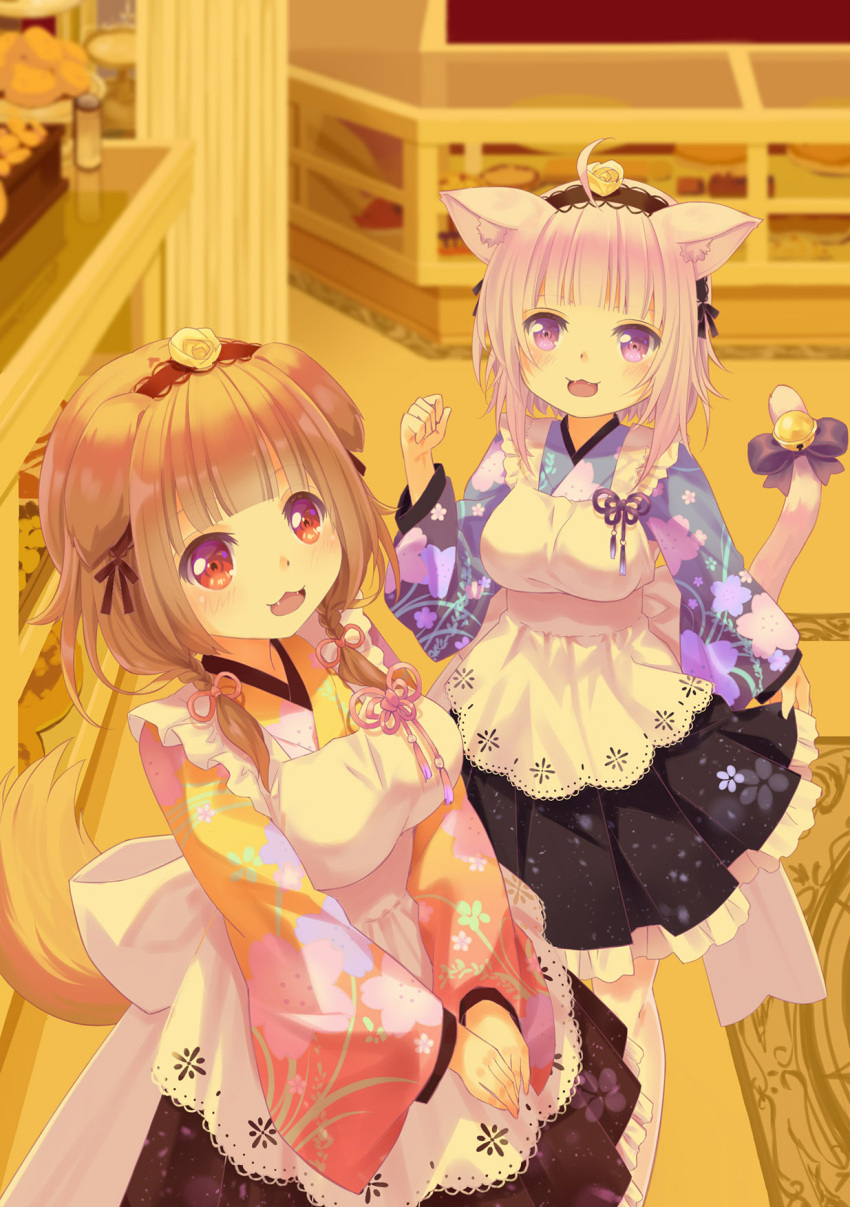 2girls 54hao :d ahoge alternate_costume animal_ears apron bell black_hairband black_skirt blue_kimono bow brown_hair cat_ears cat_girl cat_tail commentary_request dog_ears dog_girl dog_tail enmaided flower frilled_skirt frills hair_over_shoulder hairband hand_up highres hololive indoors inugami_korone japanese_clothes jingle_bell kimono long_hair long_sleeves low_twintails maid multiple_girls nekomata_okayu own_hands_together pleated_skirt purple_bow purple_hair red_eyes rose skirt smile tail tail_bell tail_bow tail_ornament twintails v_arms violet_eyes virtual_youtuber wa_maid white_apron wide_sleeves yellow_flower yellow_kimono yellow_rose