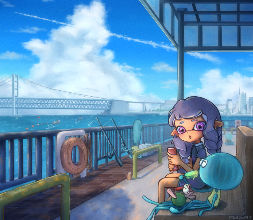 1girl :o artist_name bench blue_sky blush braid brick_floor bridge building can city clouds commentary_request contrail dark-skinned_female dark_skin day earrings eyebrow_cut fish fishing fishing_rod flag food hands_up highres holding holding_fishing_rod holding_food holding_popsicle horizon inkling inkling_girl jellyfish_(splatoon) jewelry lifebuoy long_hair looking_to_the_side moromi_(kscd4482) ocean on_bench open_mouth outdoors pointy_ears popsicle purple_hair purple_shirt railing scenery shirt short_eyebrows short_sleeves sitting sitting_on_bench sky skyscraper smallfry_(splatoon) splatoon_(series) splatoon_3 suspension_bridge t-shirt tentacle_hair twin_braids violet_eyes water white_shirt