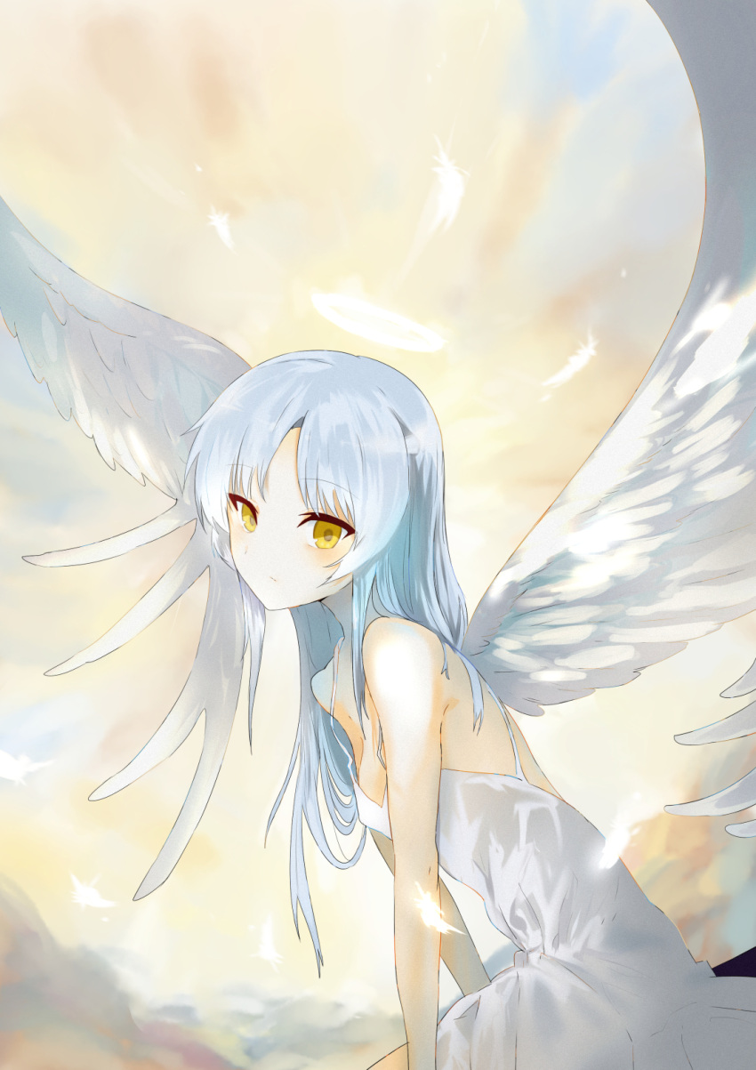 1girl angel angel_beats! angel_wings breasts closed_mouth commentary_request cowboy_shot dress expressionless eyelashes falling_feathers feathered_wings feathers from_side hair_over_shoulder highres hinata_(hinata-ur) long_hair looking_at_viewer parted_bangs sidelocks sitting sky small_breasts solo straight_hair sundress tachibana_kanade white_dress white_feathers white_hair white_wings wings yellow_eyes yellow_sky