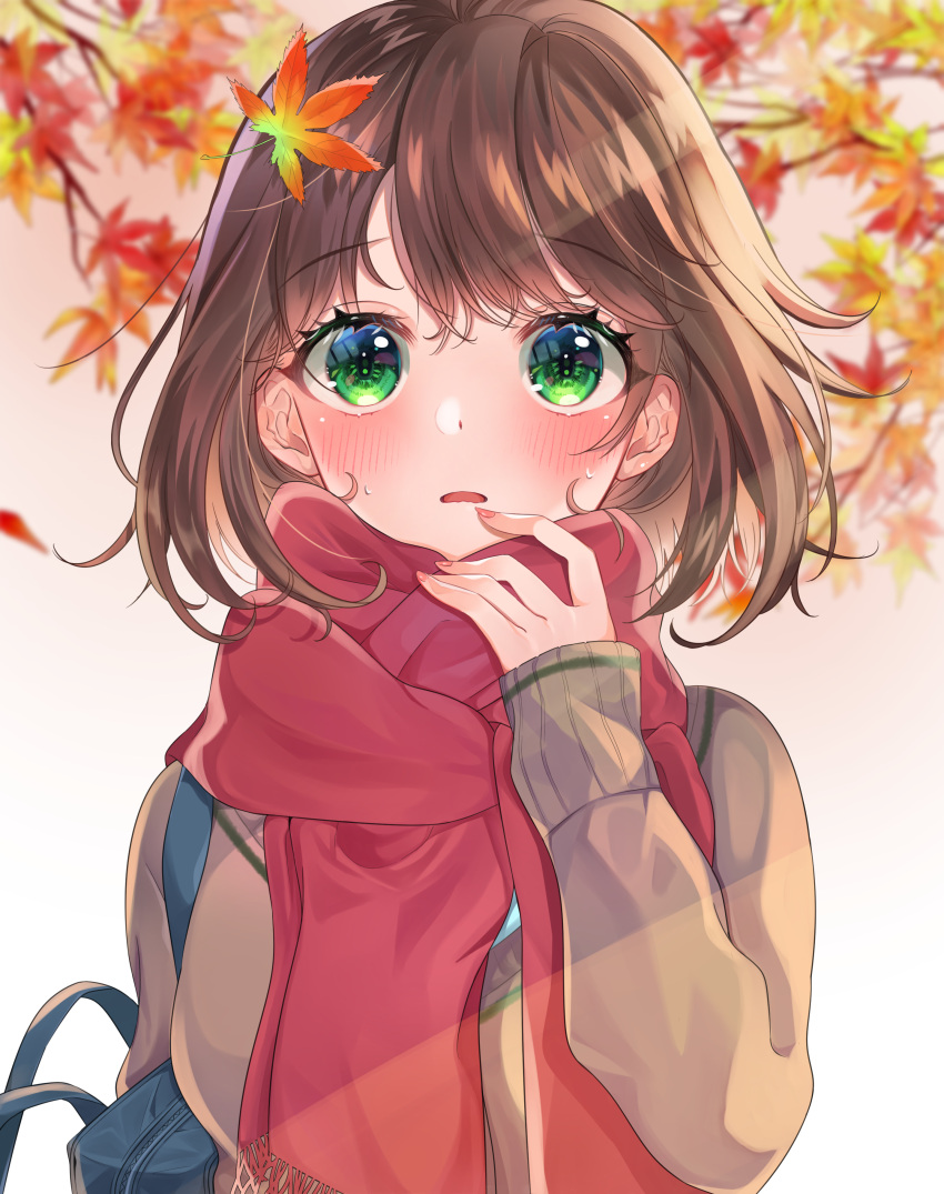 1girl absurdres autumn autumn_leaves bag blue_bag blush brown_cardigan brown_hair cardigan commentary_request day expressionless eyelashes fingernails fringe_trim gradient_background green_eyes hand_to_own_mouth highres leaf leaf_background long_sleeves looking_at_viewer maple_leaf medium_hair nail_polish original parted_lips partial_commentary pink_nails scarf shirt shoulder_bag sleeves_past_wrists solo straight-on sunlight sweat totomachokori upper_body white_background white_shirt