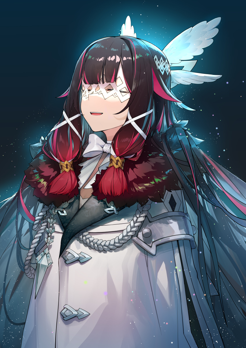 1girl absurdres black_hair chinese_commentary closed_eyes coat columbina_(genshin_impact) commentary_request eye_mask frilled_jacket frills fur_trim genshin_impact gradient_hair hair_wings head_wings highres jacket ly.t multicolored_hair open_mouth redhead smile solo streaked_hair two-tone_hair upper_body white_coat white_mask wing_hair_ornament wings